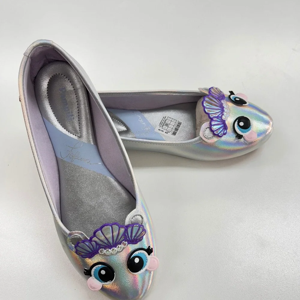 Pampili Fofura Kids Silver Holographic Mermaid Seashell Character Flats Sz 35